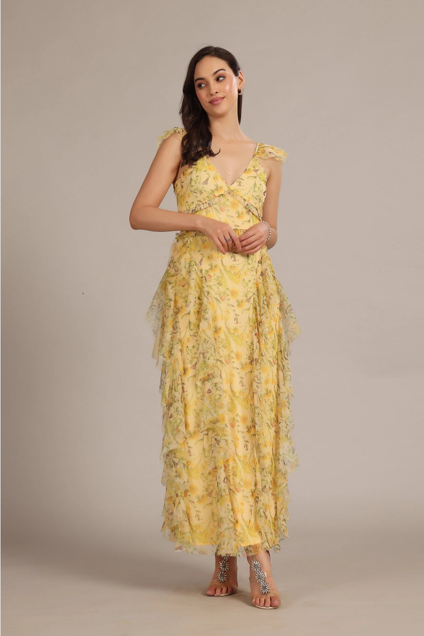 Lace Beads Malin Yellow Floral Maxi Dress
