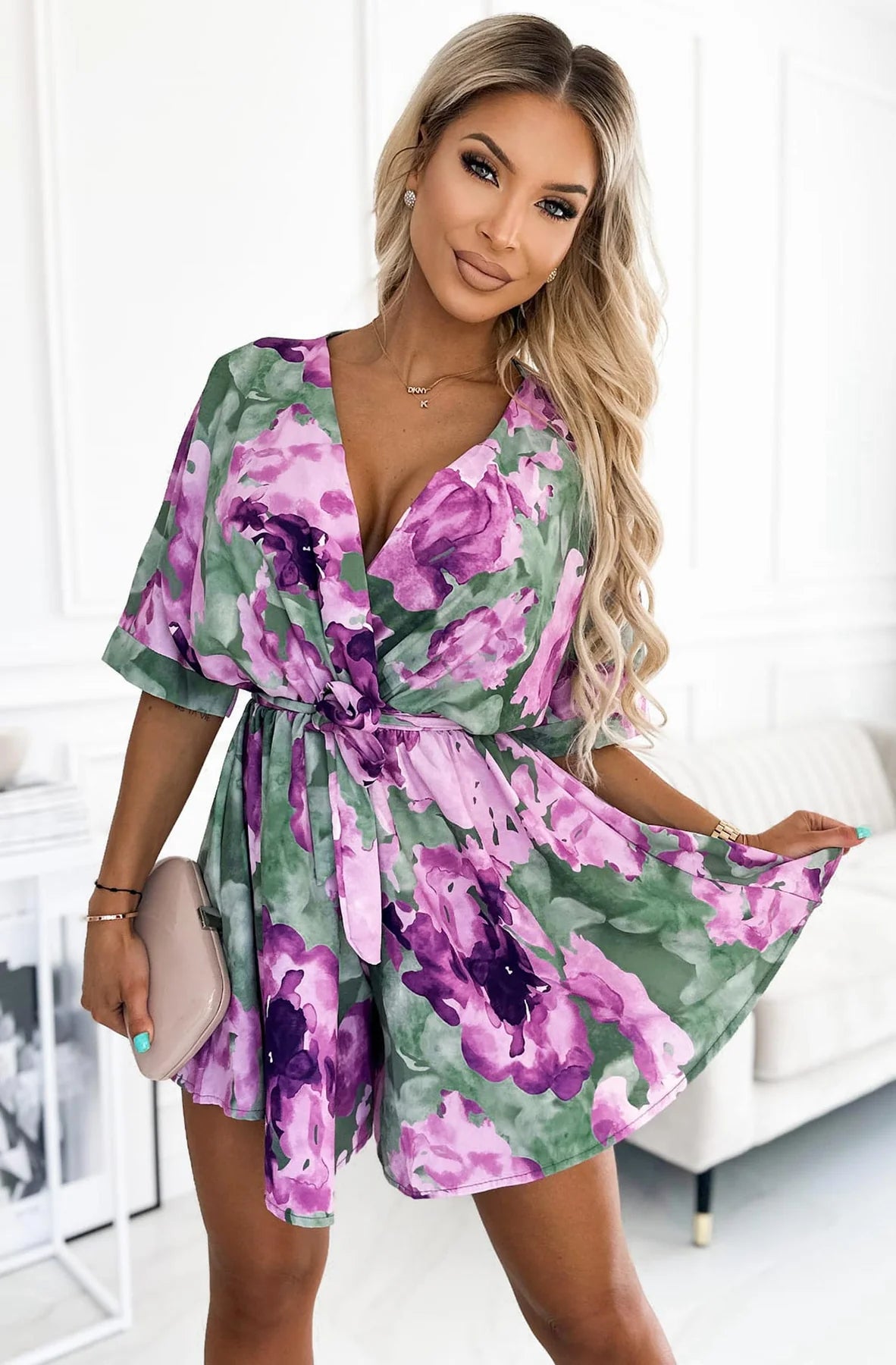 LMA Zanita Floral Print Wrap Purple Mini Dress