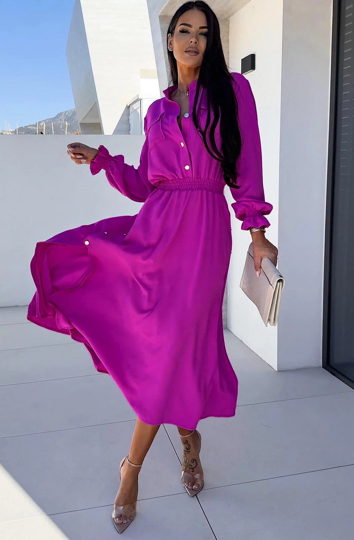 LMA Desiree Magenta Pink Button Shirt Midi Dress