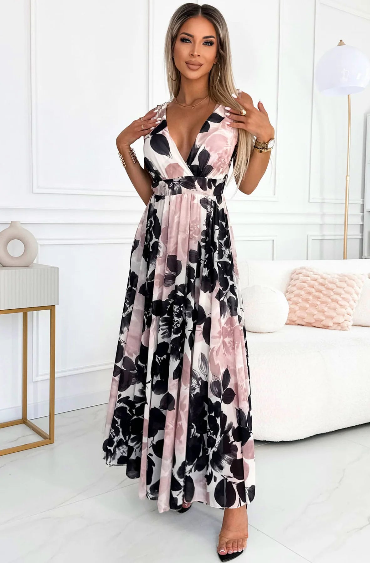 LMA Fleur Chiffon Floral Black And Pink Maxi Dress