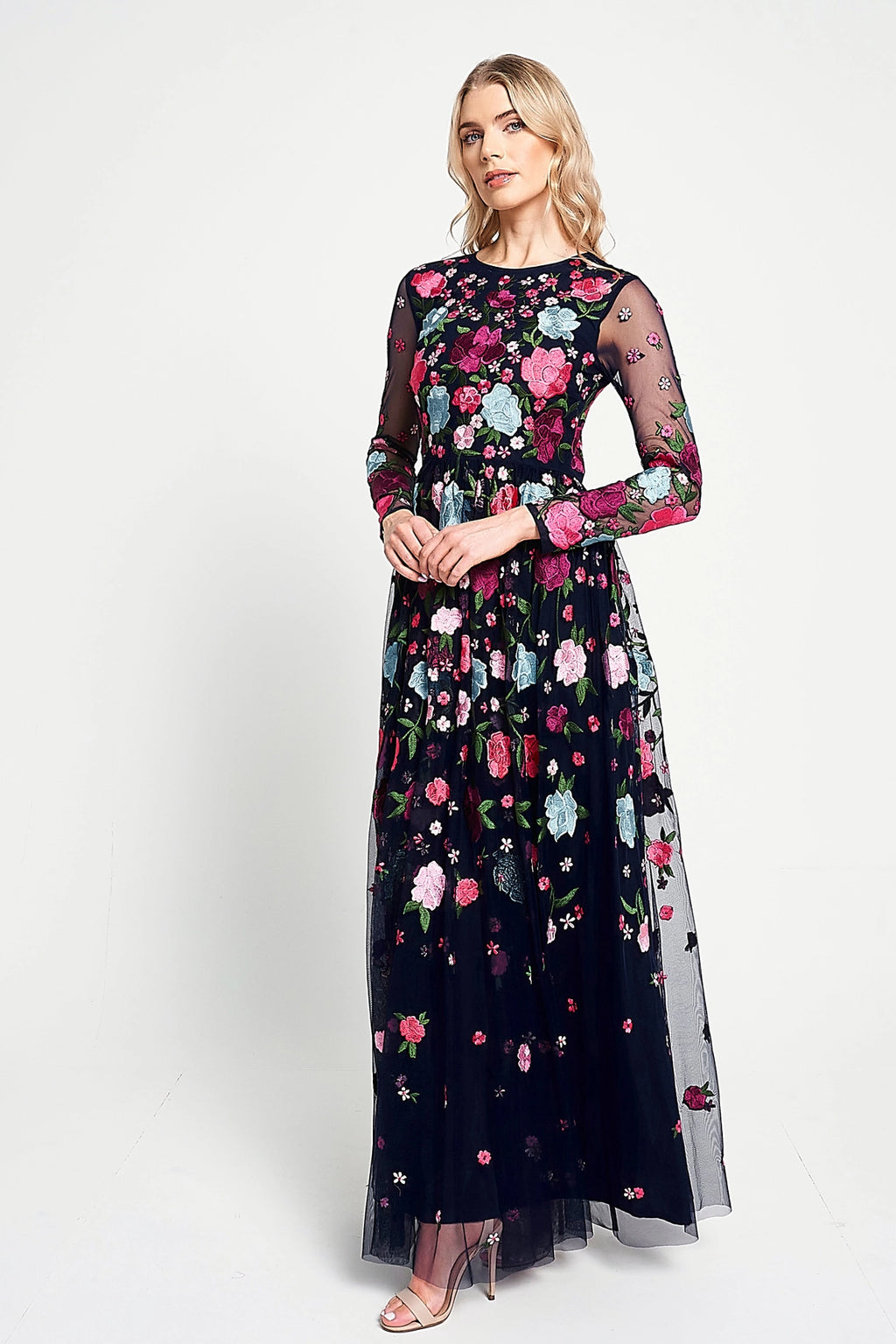women's floral embroidered frill maxi dress product info and reviews Jasmine Navy Floral Embroidered Maxi Dress Frock and Frill