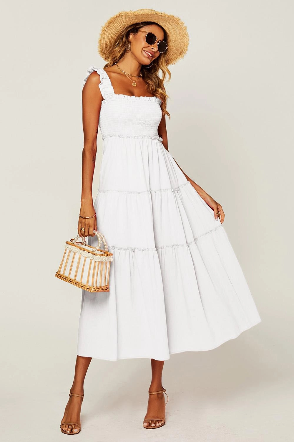 FS Collection Tiered Wide Strap White Shirred Beach Sun Dress – Love My  Apparel