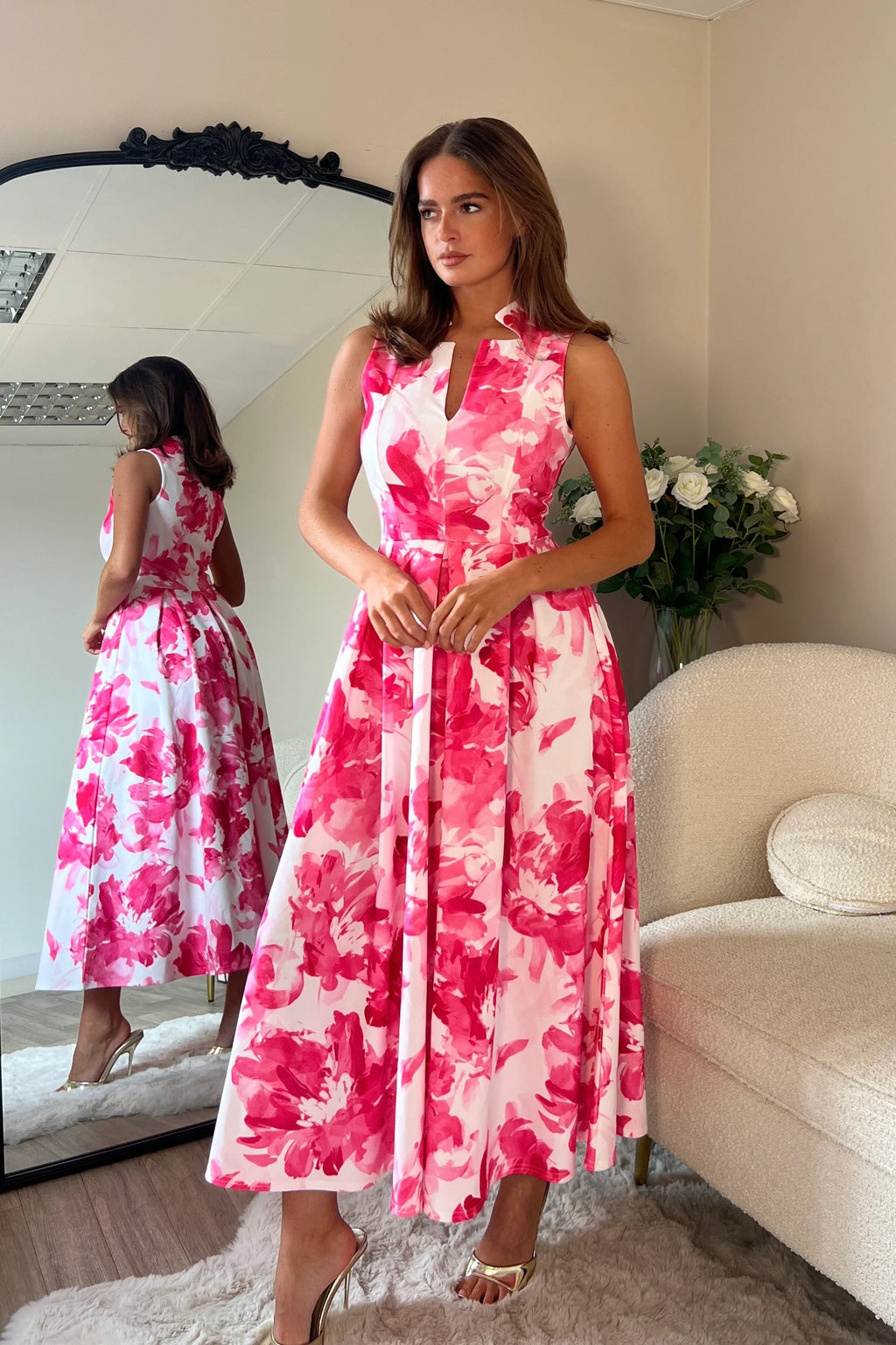 pink sleeveless hand beaded floral midi dress Crepe Sleeveless Midi Dress With Flower Beading main image 0