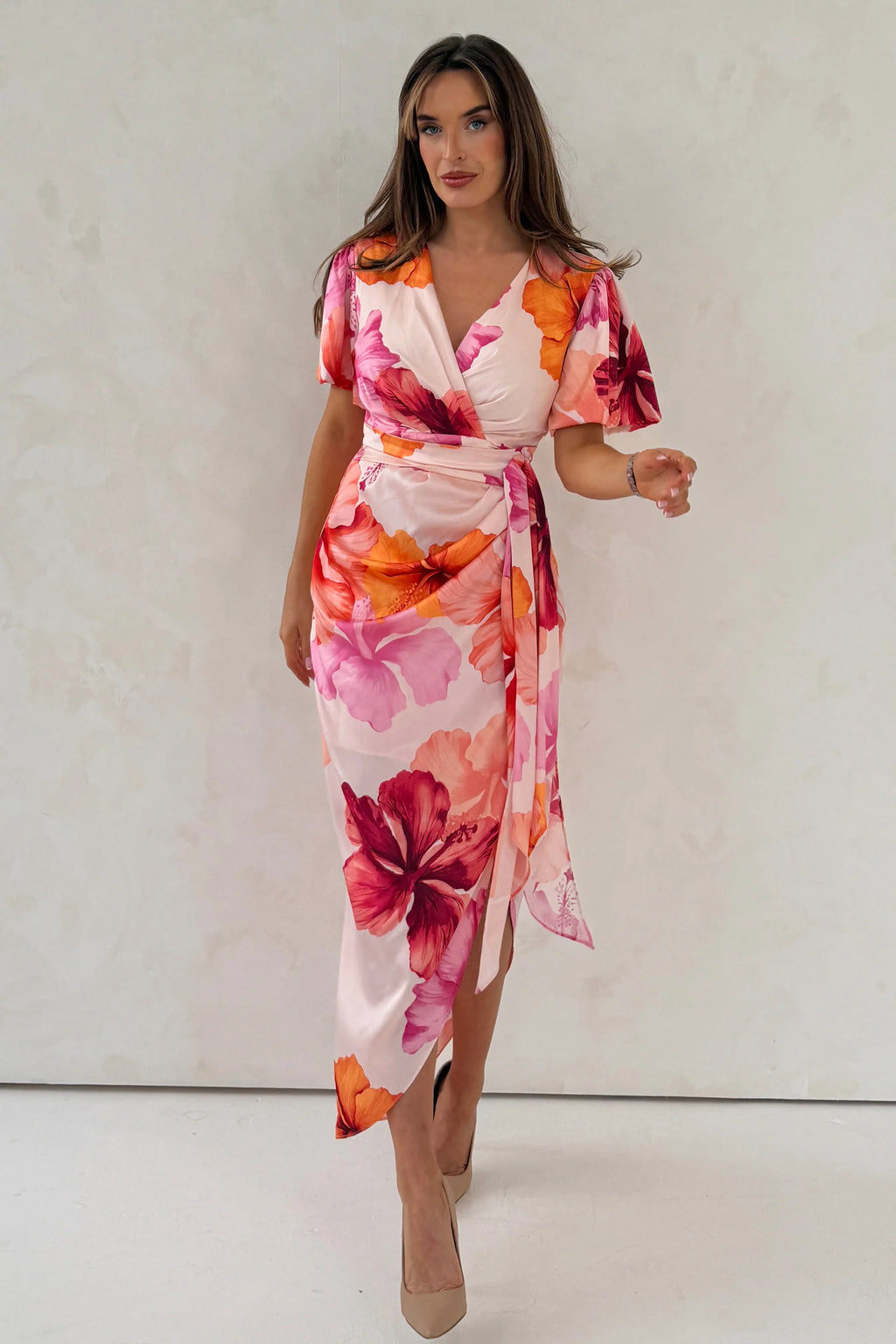 Girl In Mind Drew Puff Sleeve Orange & Pink Floral Wrap Midi Dress – Love  My Apparel