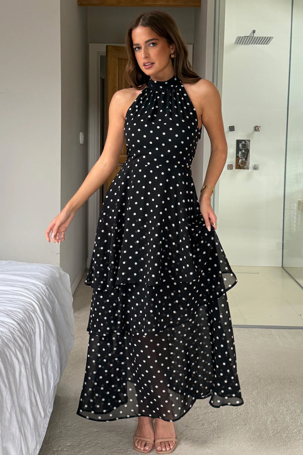 halter neck layered dress Girl In Mind Iris Halterneck Black Dot Maxi – Love My Apparel traditional