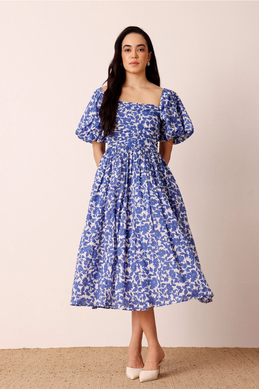 Lace & Beads Lana Puff Sleeve Blue Floral Midi Dress – Love My Apparel
