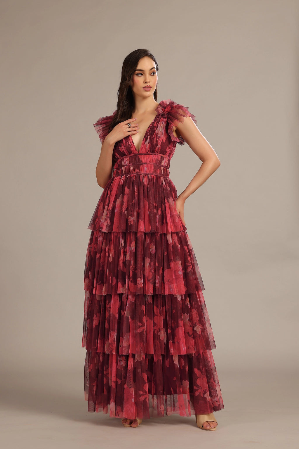 beki beaded mesh maxi dress deep red Beki Beaded Mesh Maxi Dress