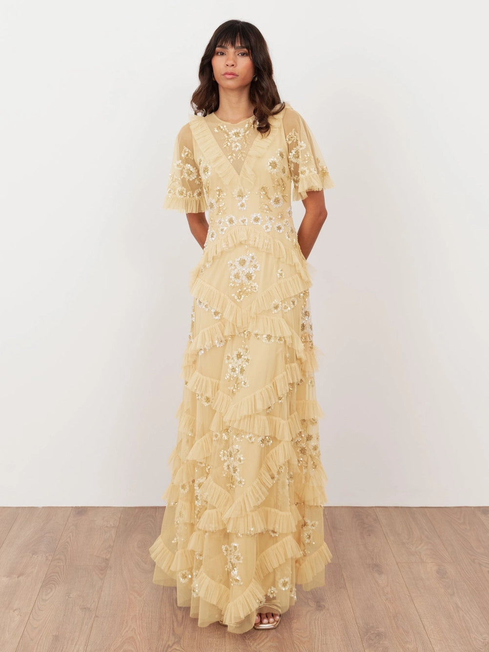Maya Buttercream Yellow Embellished Angel Sleeve Ruffle Maxi Dress – Love  My Apparel
