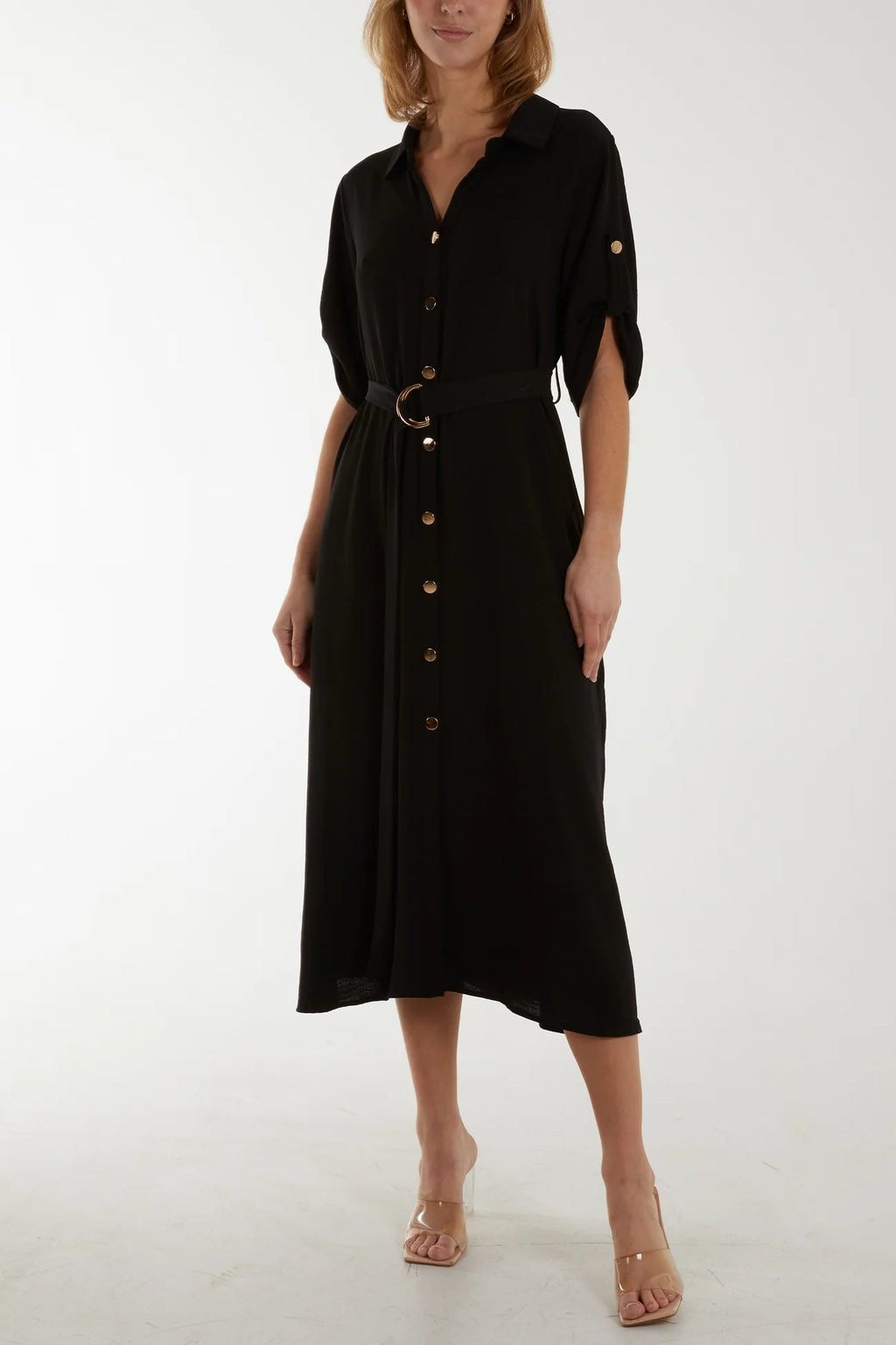 QED London Black Roll Sleeve Belted Shirt Dress – Love My Apparel