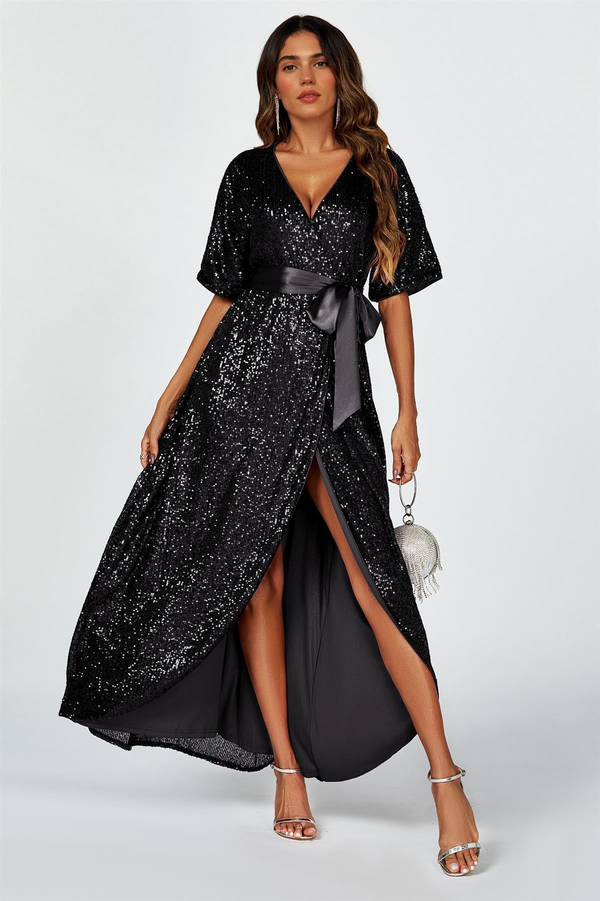 FS Collection Wrap Style Sequin Maxi Dress In Black