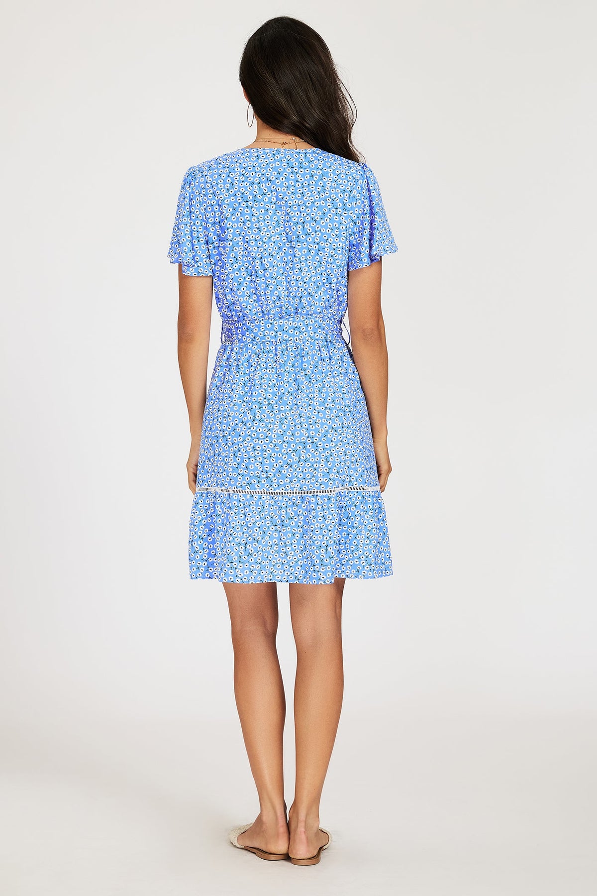 FS Collection Wrap Top Floral Print Hem Blue Mini Dress