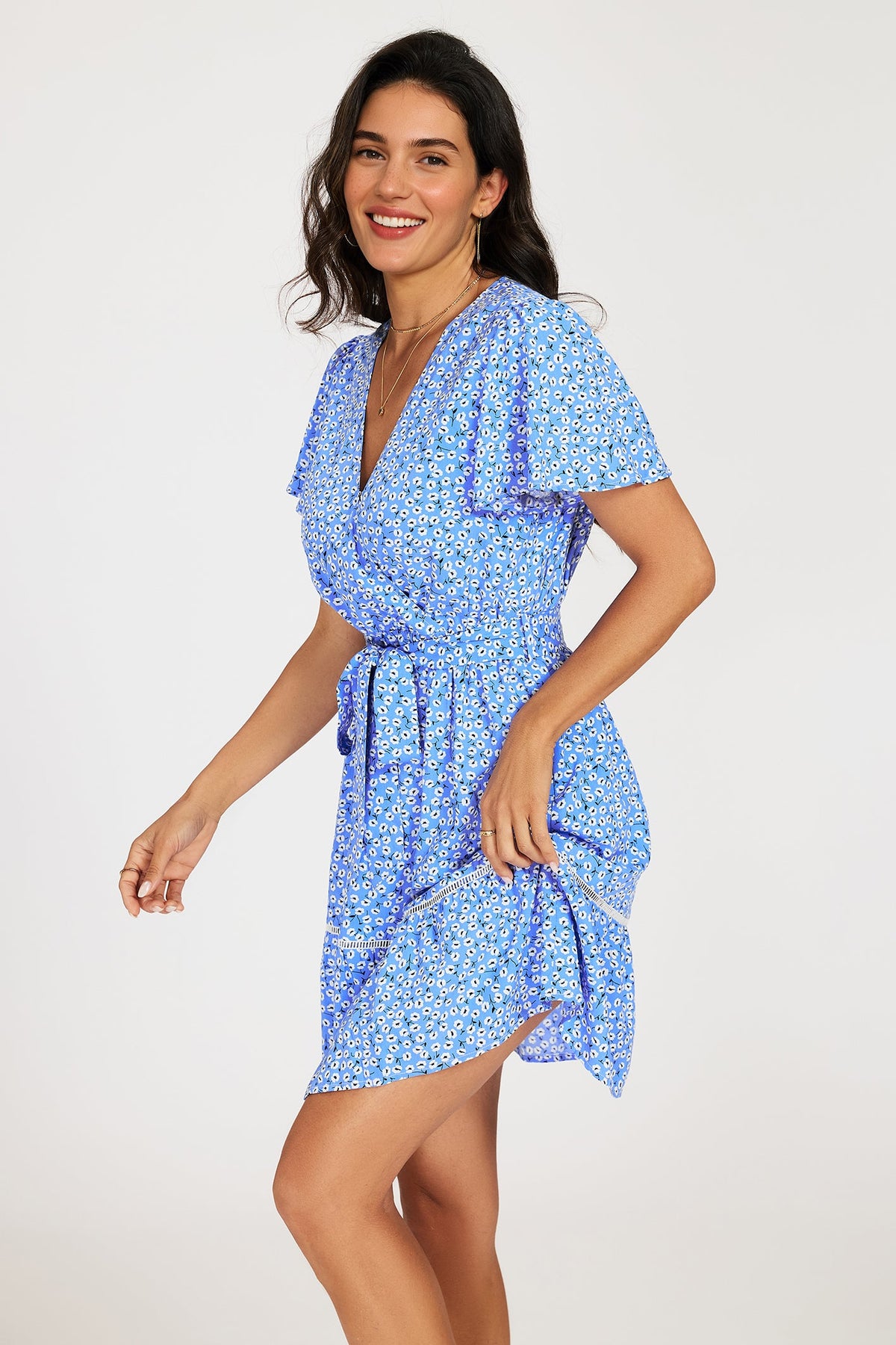 FS Collection Wrap Top Floral Print Hem Blue Mini Dress