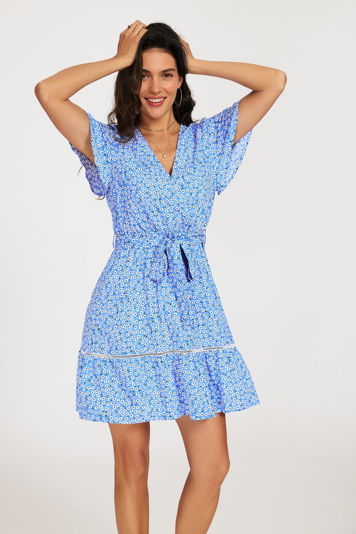 FS Collection Wrap Top Floral Print Hem Blue Mini Dress