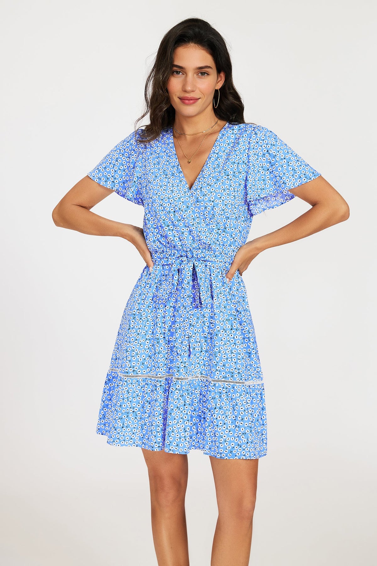FS Collection Wrap Top Floral Print Hem Blue Mini Dress
