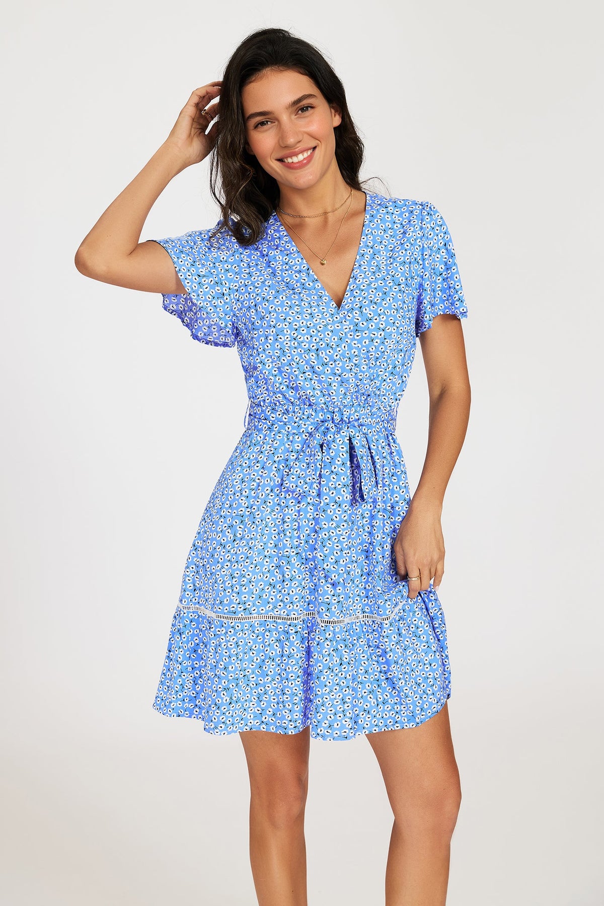 FS Collection Wrap Top Floral Print Hem Blue Mini Dress