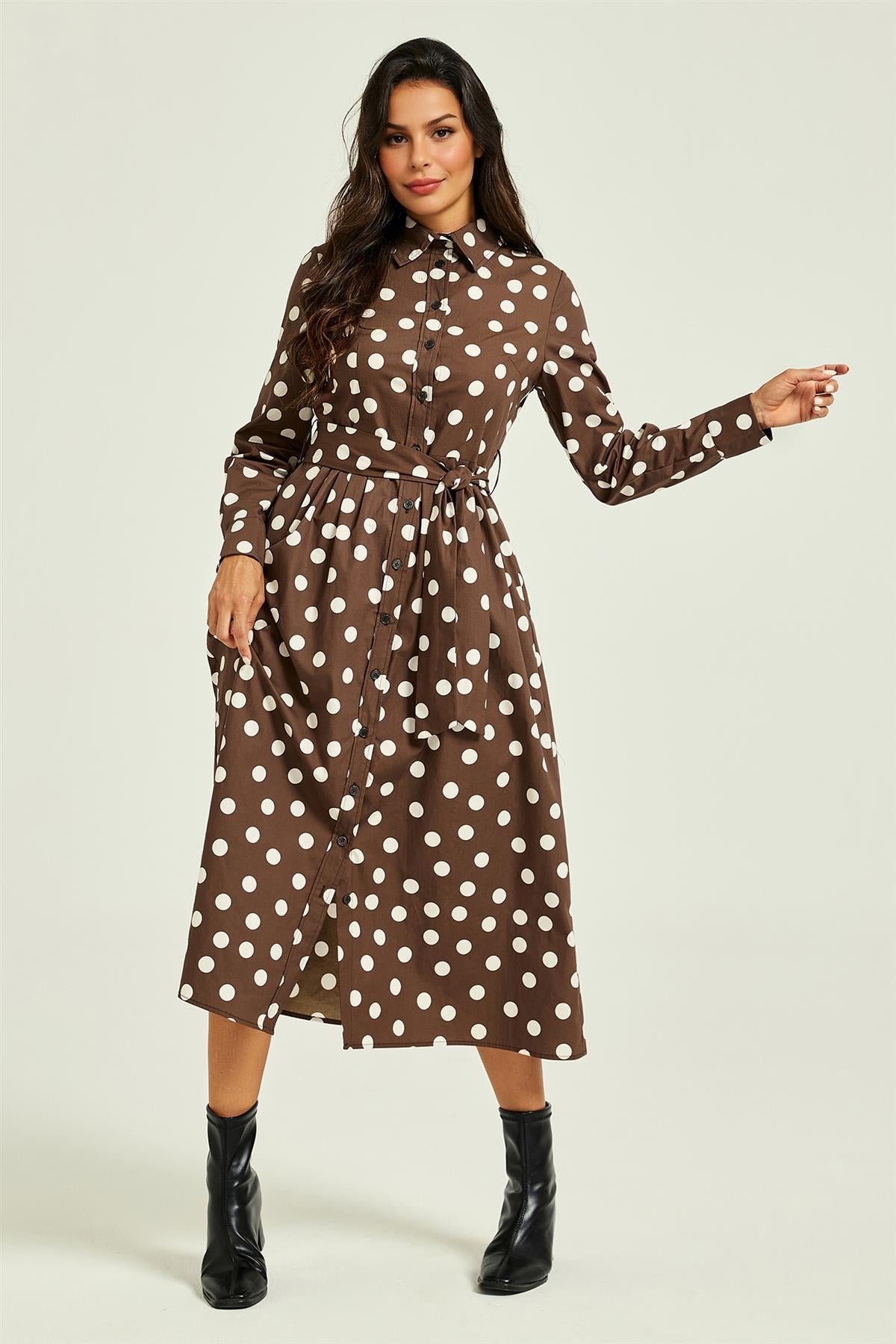 FS Collection Brown Dot Print Long Sleeve Midi Shirt Dress