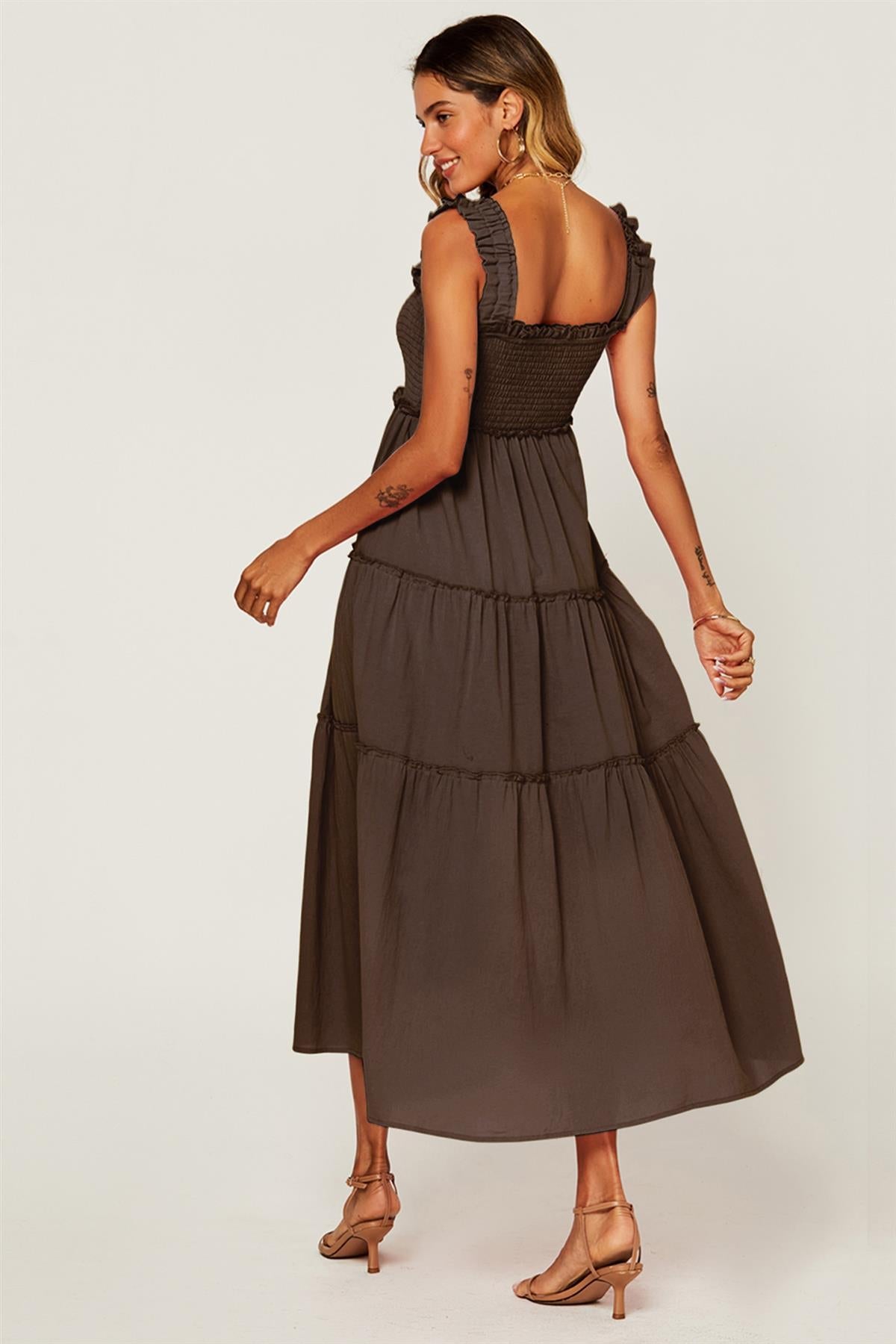 FS Collection Hem Detail Tiered Maxi Dress In Brown