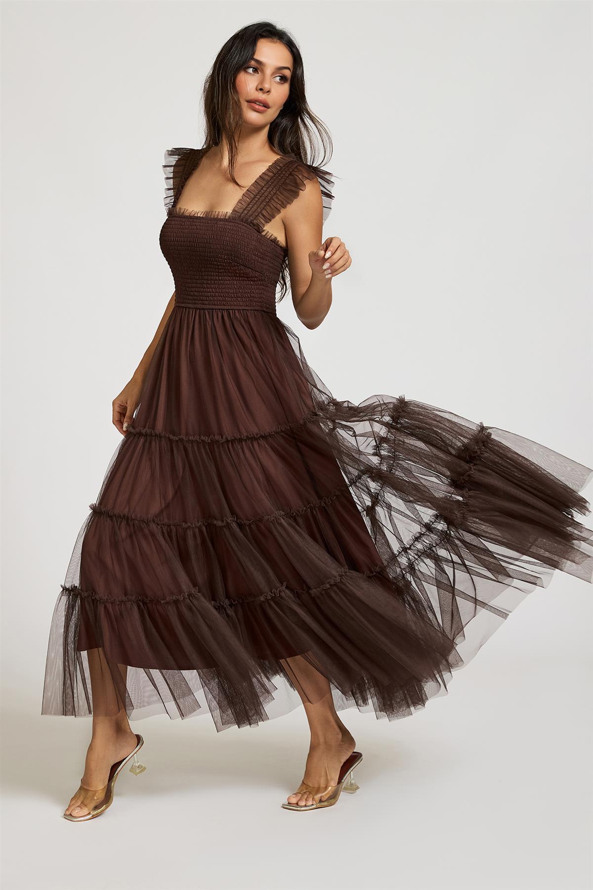 FS Collection Sleeveless Smocked Ruffle Tulle Dress In Brown