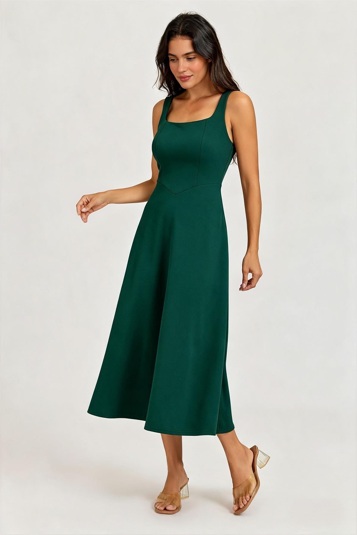 Square Neck Sleeveless Fit & Flare Midi Dress In Green