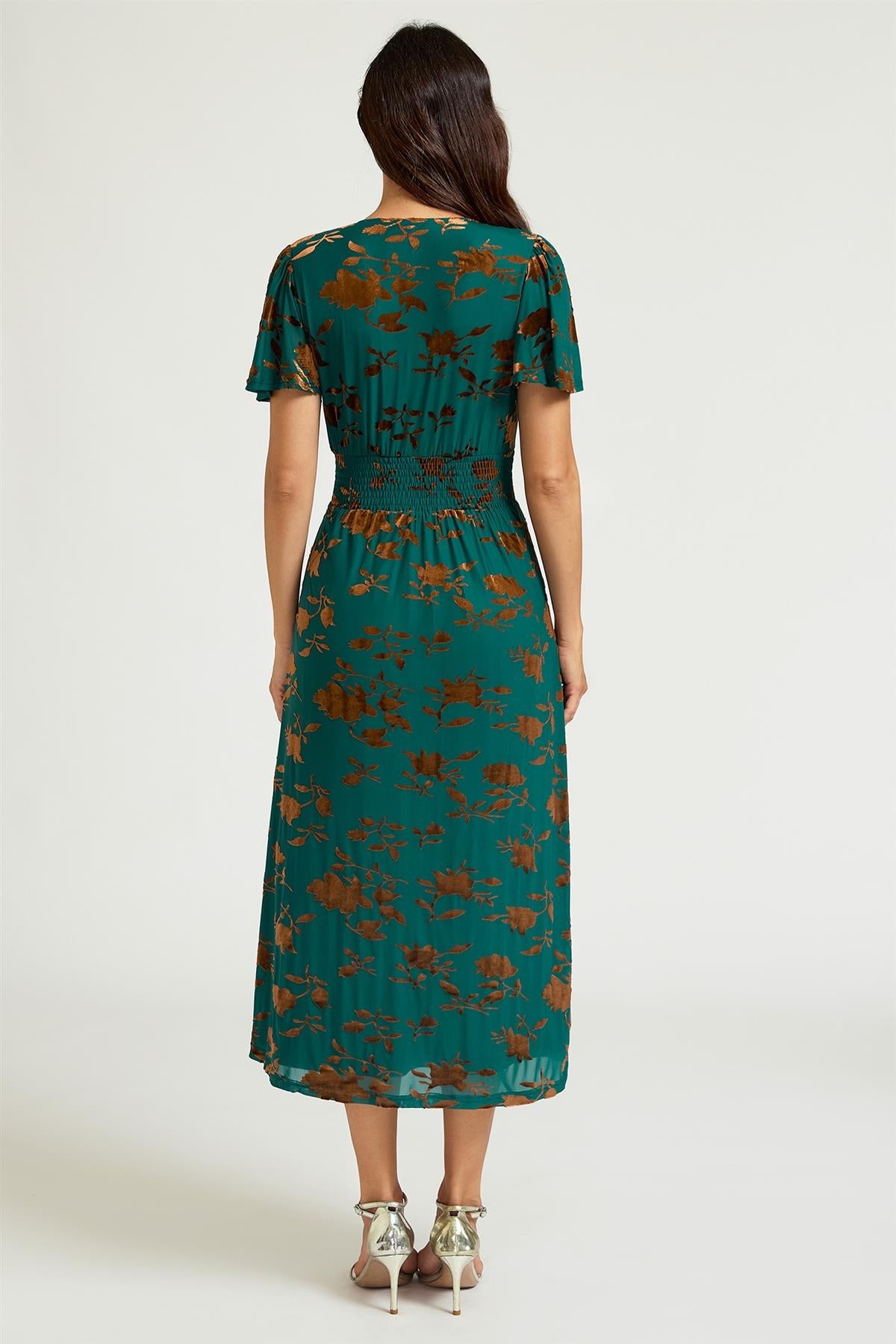 FS Collection Velvet Flock Short Sleeve Midi Dress In Jade Green