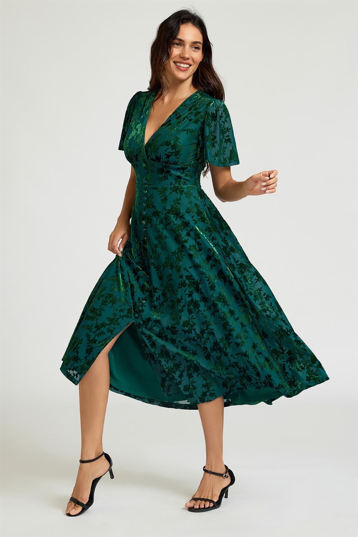 FS Collection Green Floral Velvet Devore V neckline Dress