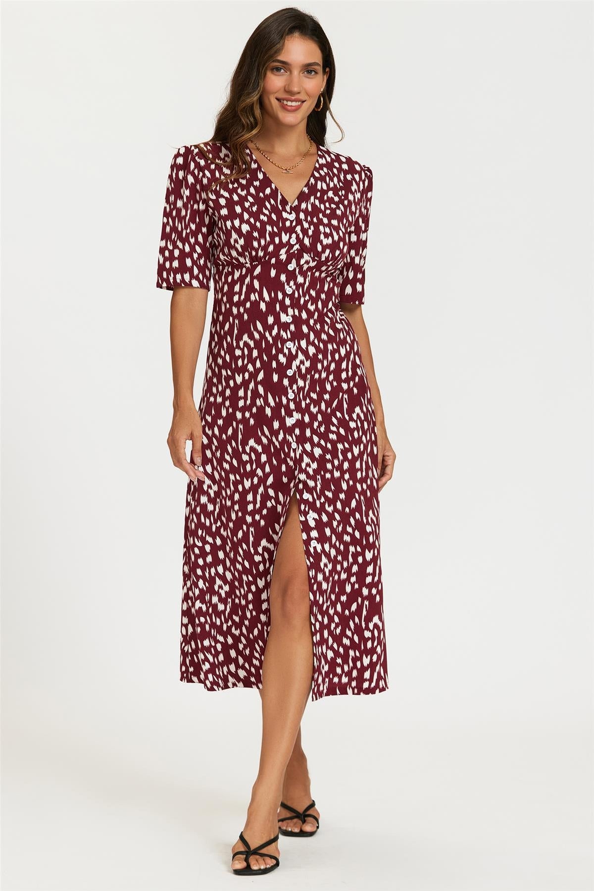 FS Collection Brushstroke Print Button Front Midi Dress In Burgundy