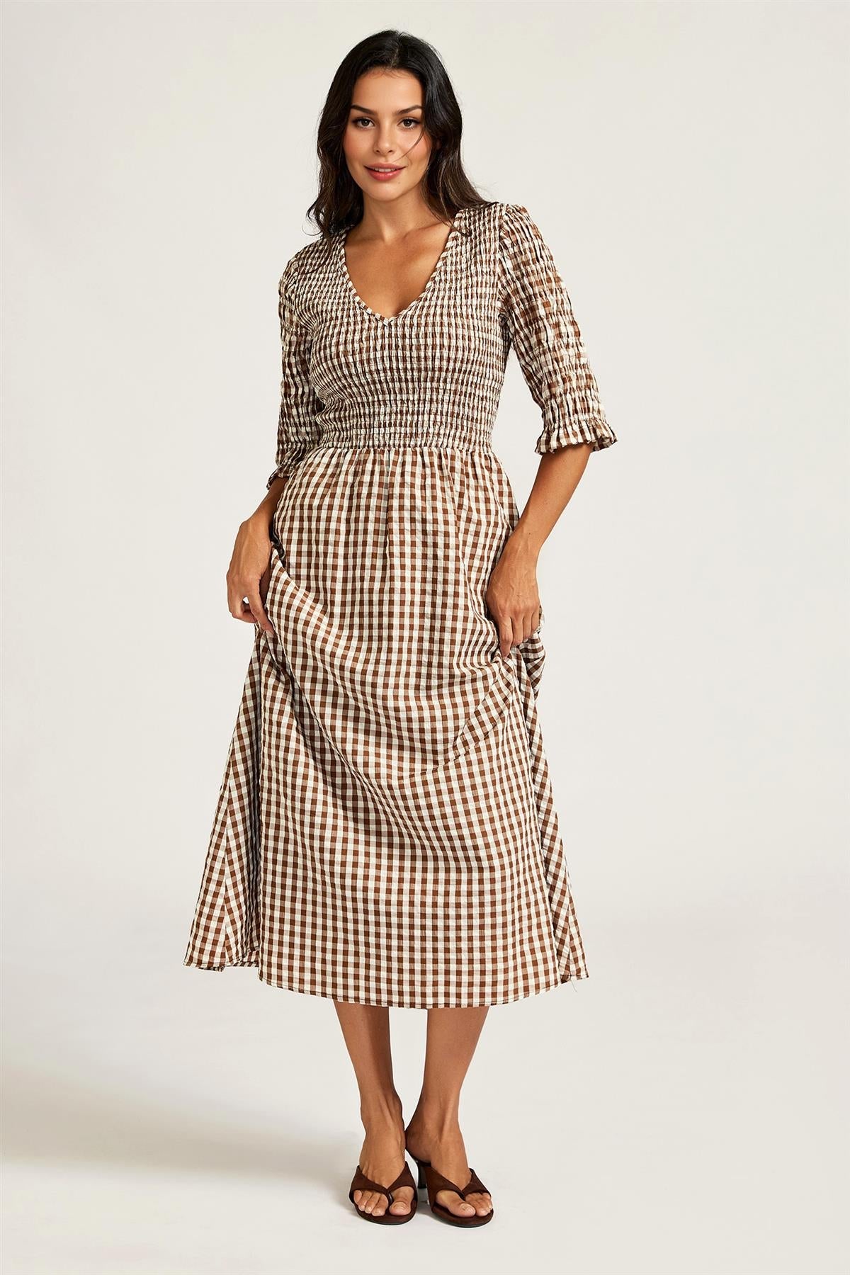 FS Collection Check Print V Neck Half Sleeve Midi Dress In Brown