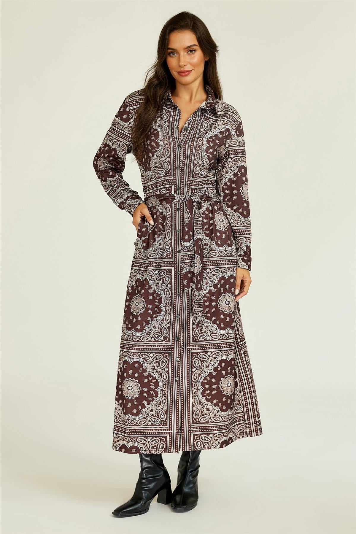 FS Collection Paisley Print Belted Jersey Midi Shirt Dress In Brown