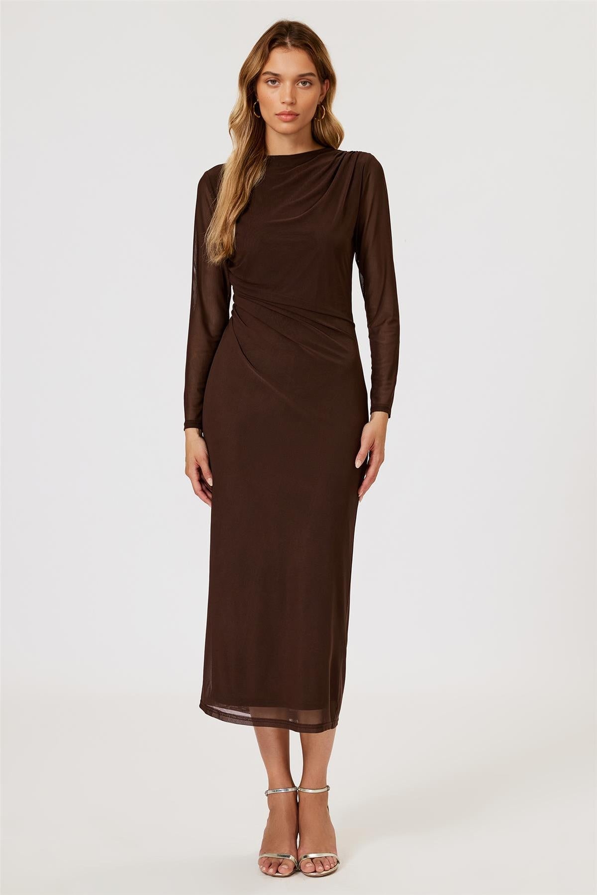 FS Collection Long Sleeved Mesh Brown Midi Dress