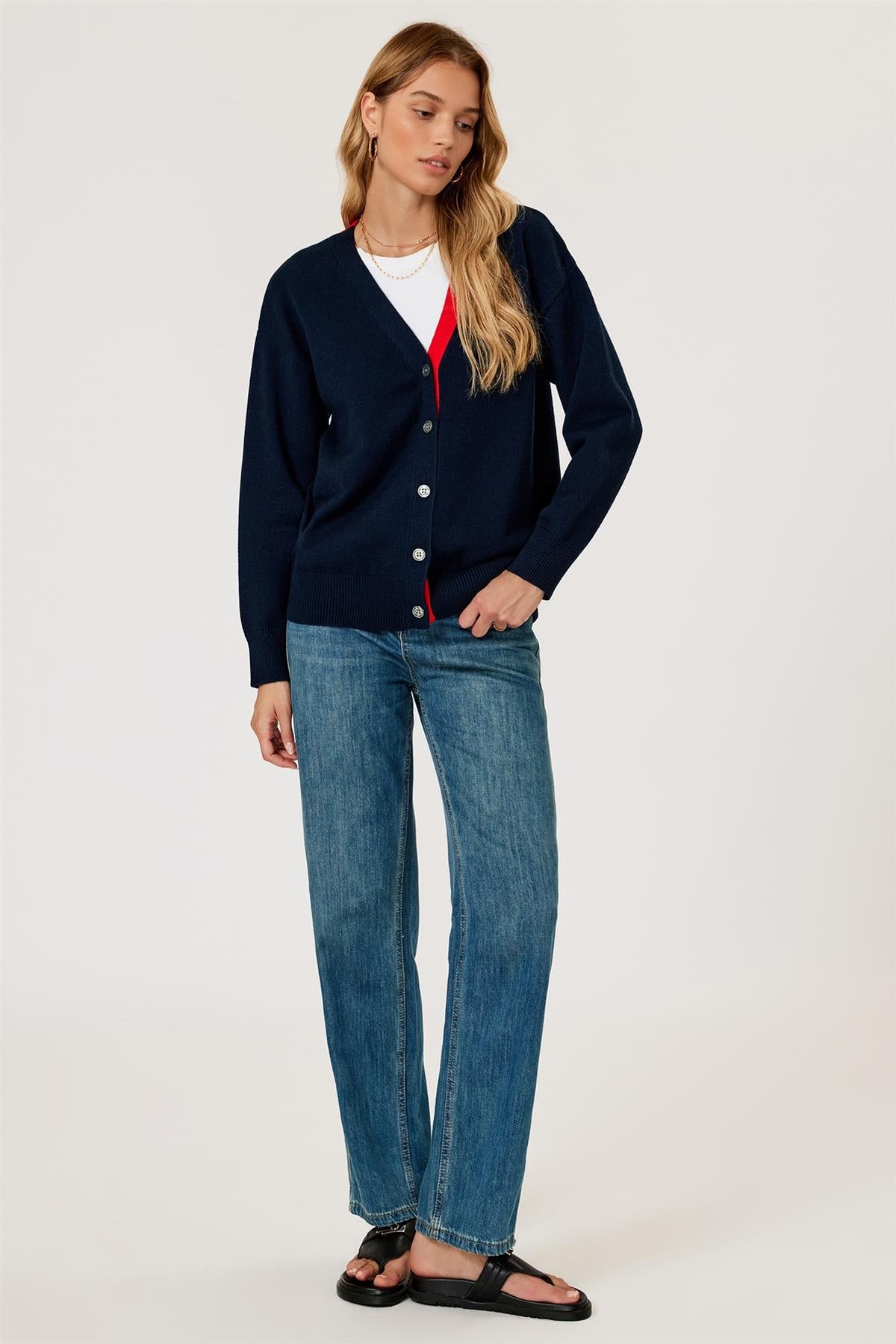 FS Collection Little Heart Embroidery Stripe Trim Cardigan Top In Navy & Red