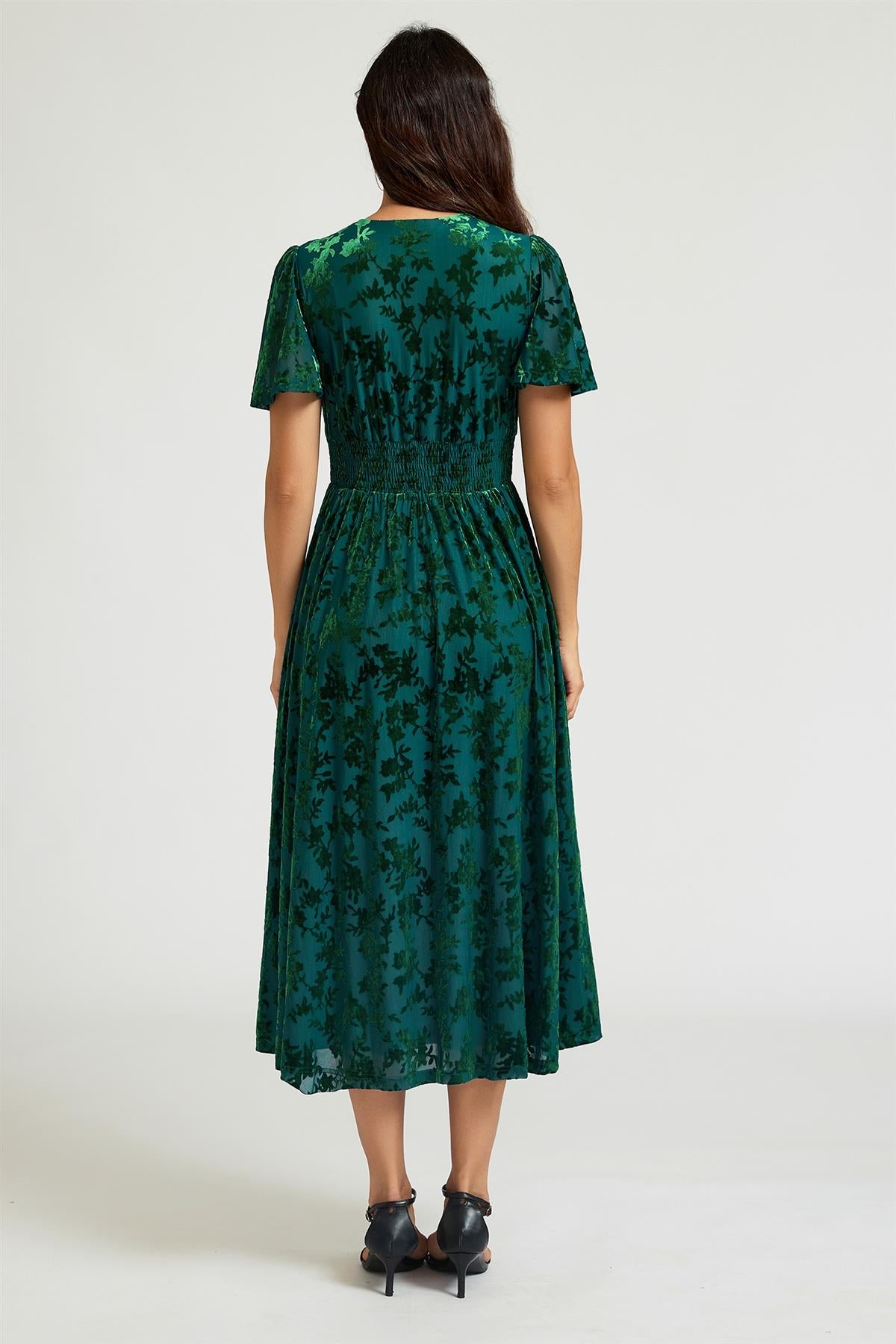 FS Collection Green Floral Velvet Devore V neckline Dress