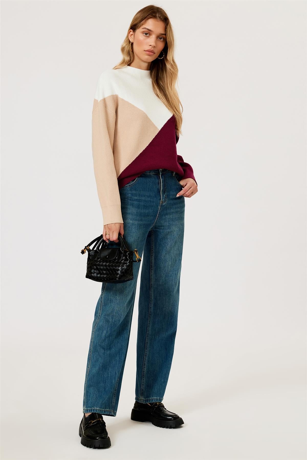 FS Collection Colour Block Jumper Top In Camel & Wine & White