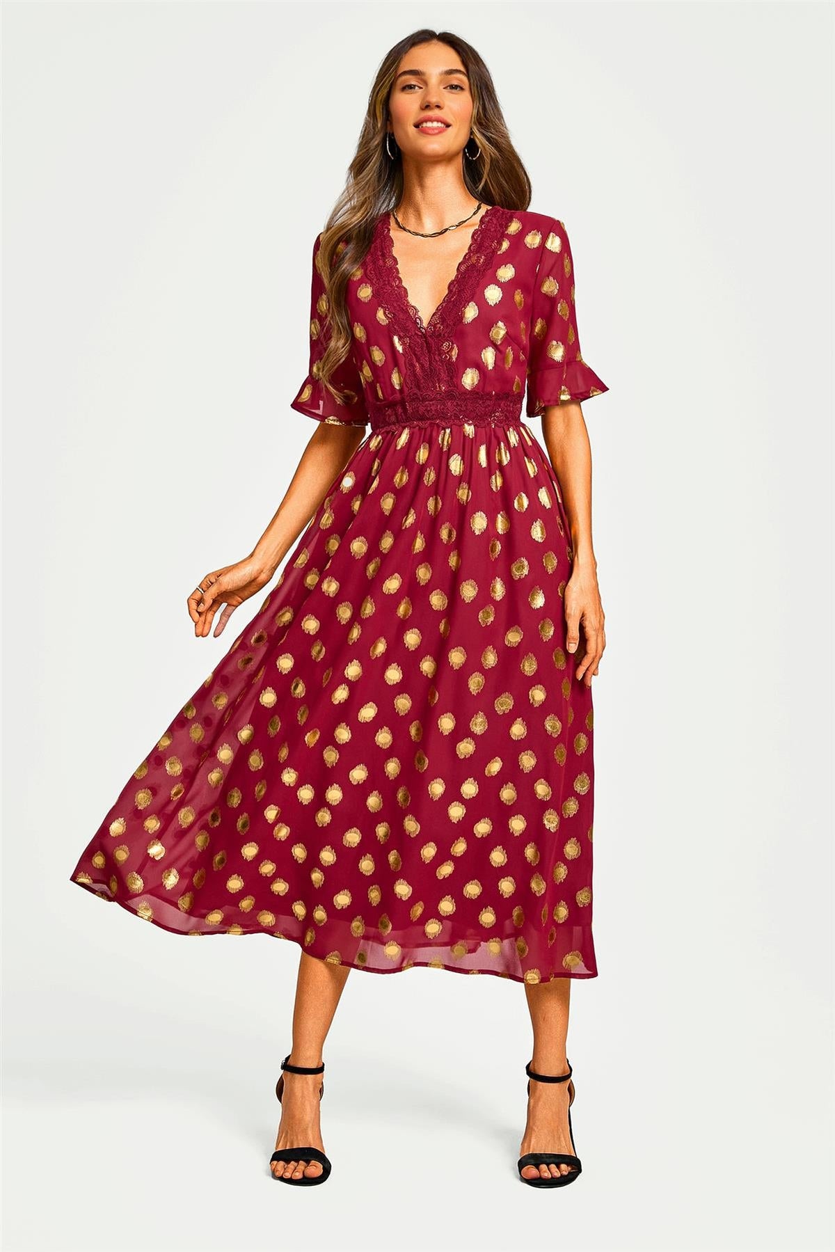 Gold Foil Long Sleeve Lace Trim V Neck Maxi Dress In Wine