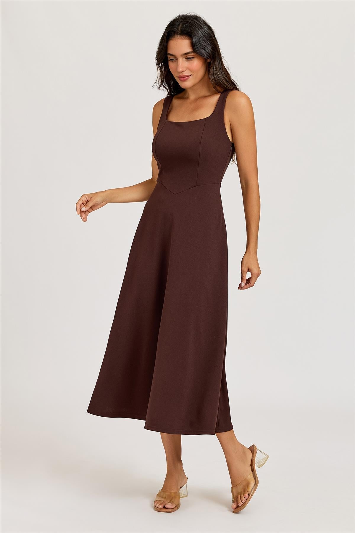 FS Collection Square Neck Sleeveless Fit & Flare Midi Dress In Espresso