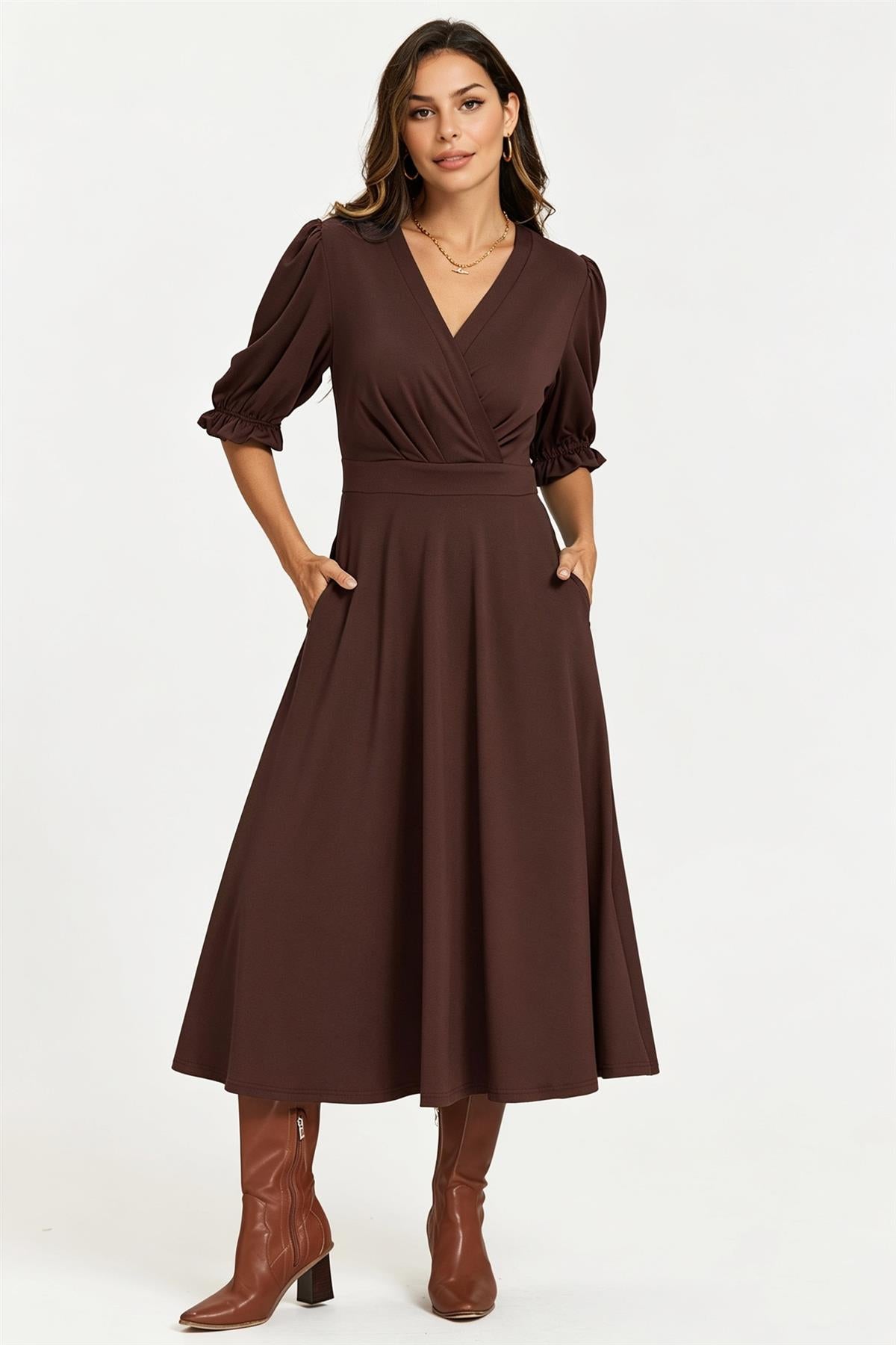 FS Collection Half Sleeves Jersey Midi Dress with Wrap Neckline In Chocolate