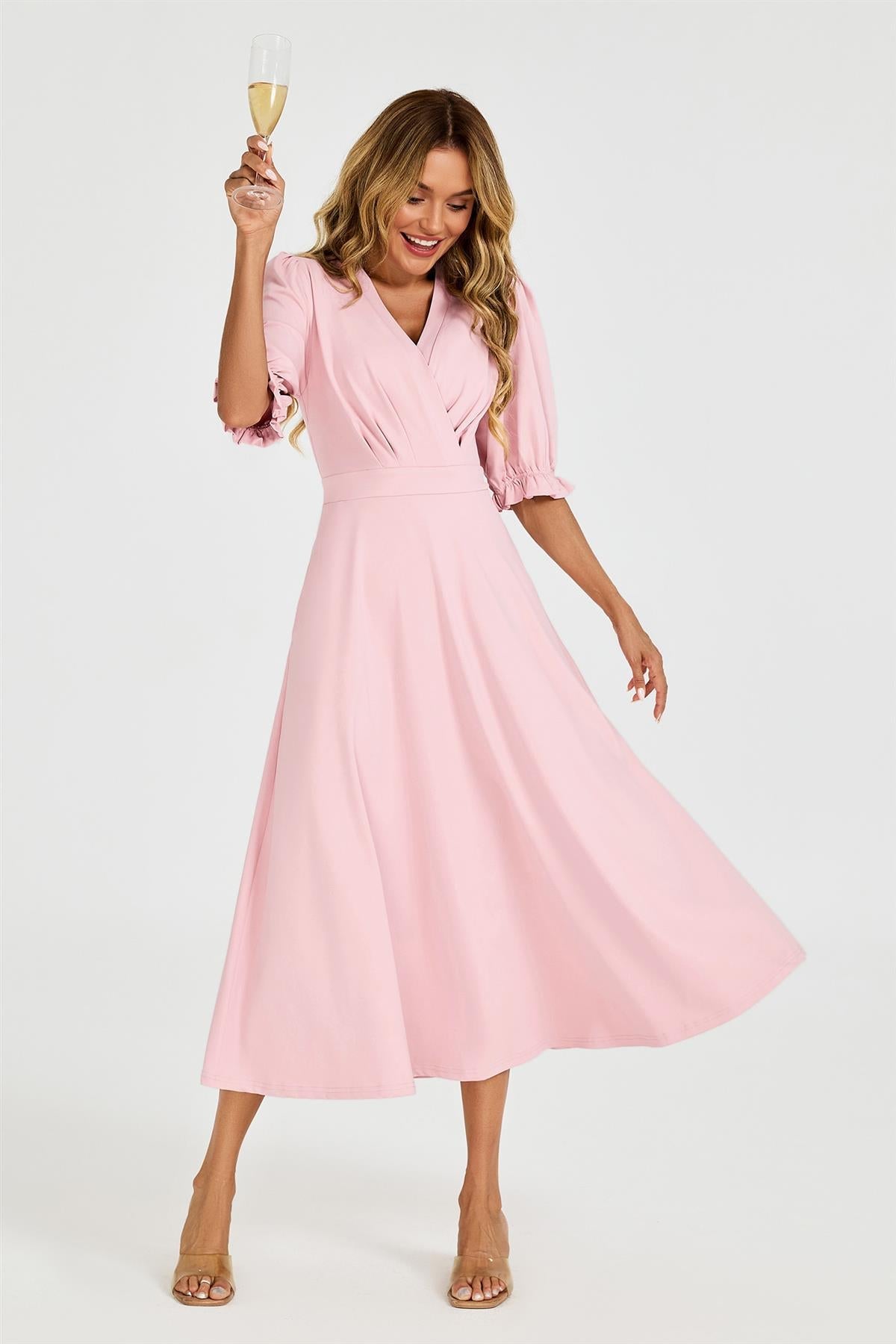 FS Collection Half Sleeves Jersey Midi Dress with Wrap Neckline In Dusty Blush