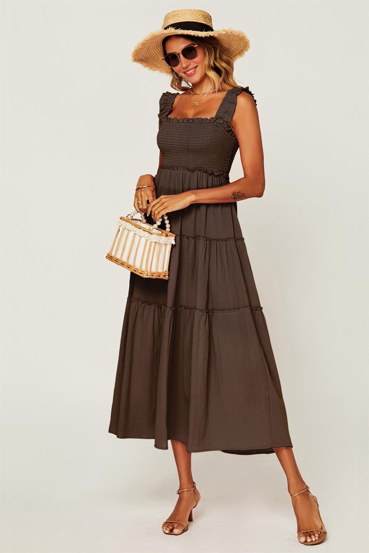 FS Collection Hem Detail Tiered Maxi Dress In Brown