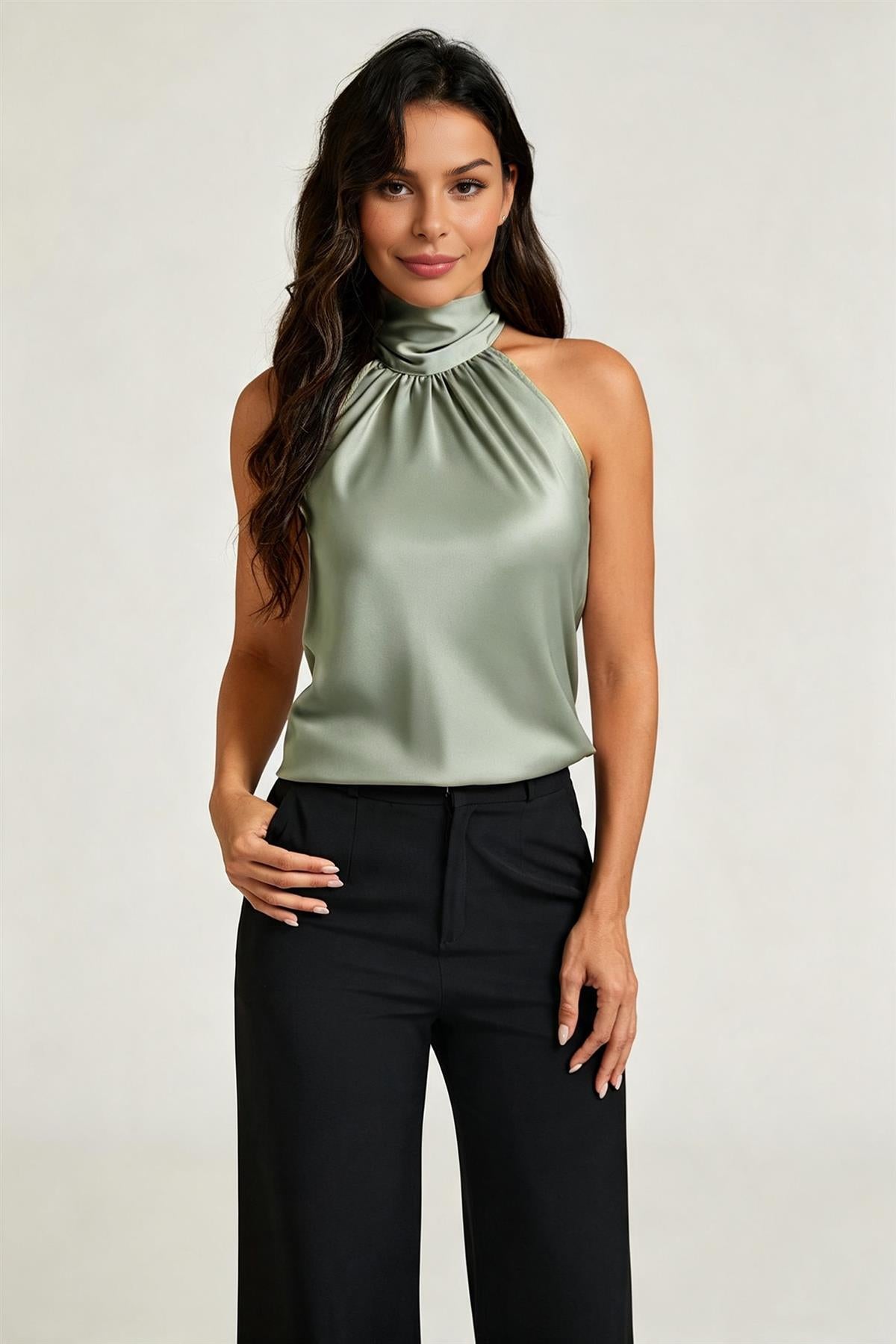 FS Collection Satin Halter Neck Tie Back Top In Dusty Sage