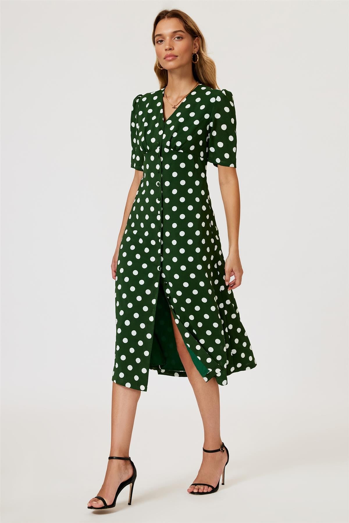 FS Collection Polka Dot Print Button Front Midi Dress In Green