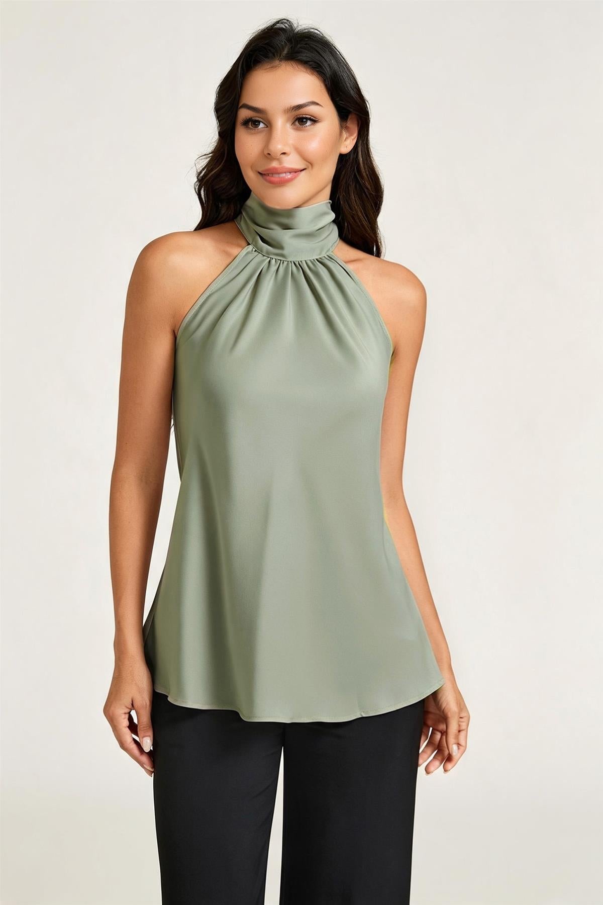 FS Collection Satin Halter Neck Tie Back Top In Dusty Sage