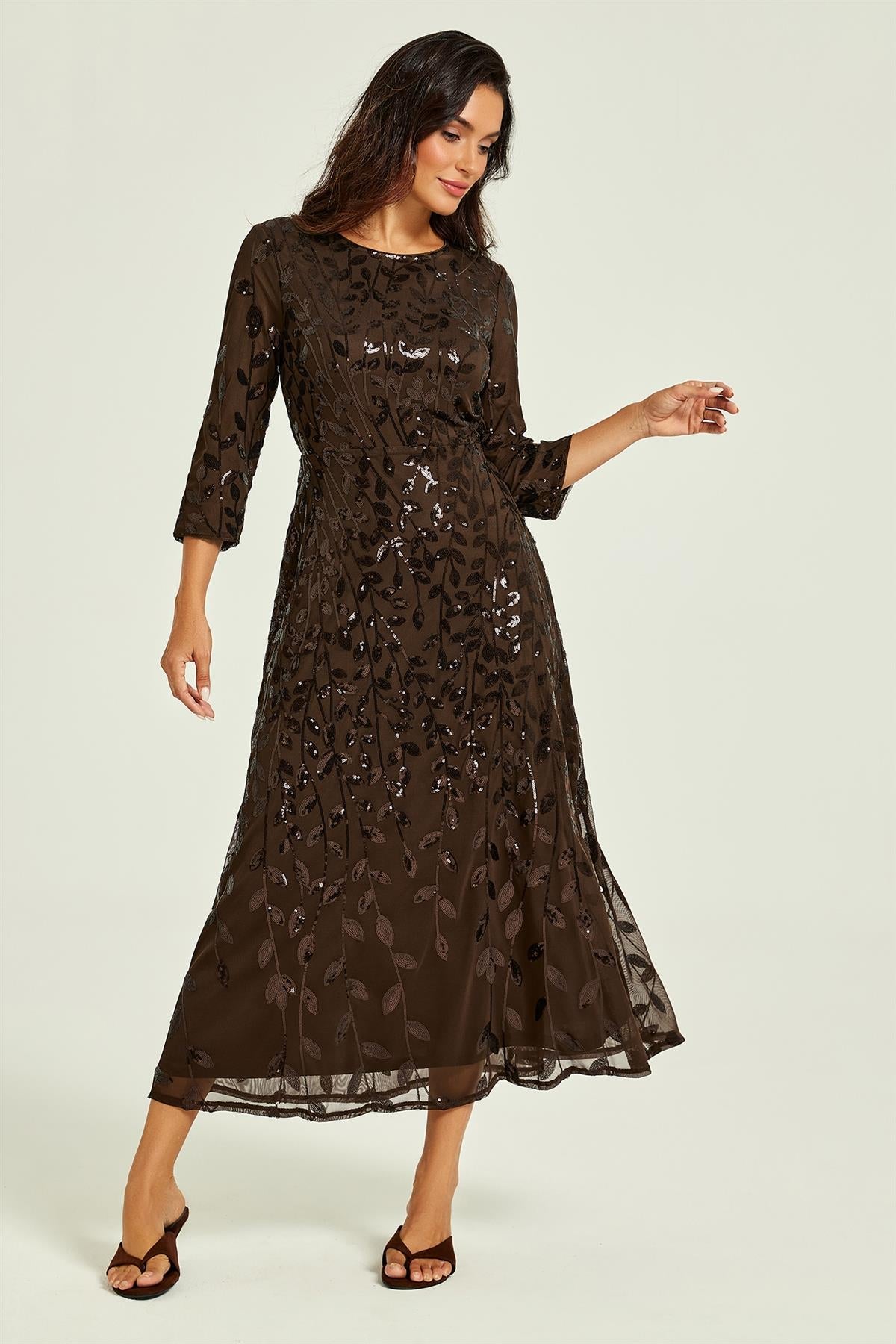 FS Collection Sequin Leaf 3/4 Sleeve Bridesmaid Midi Dress In Brown