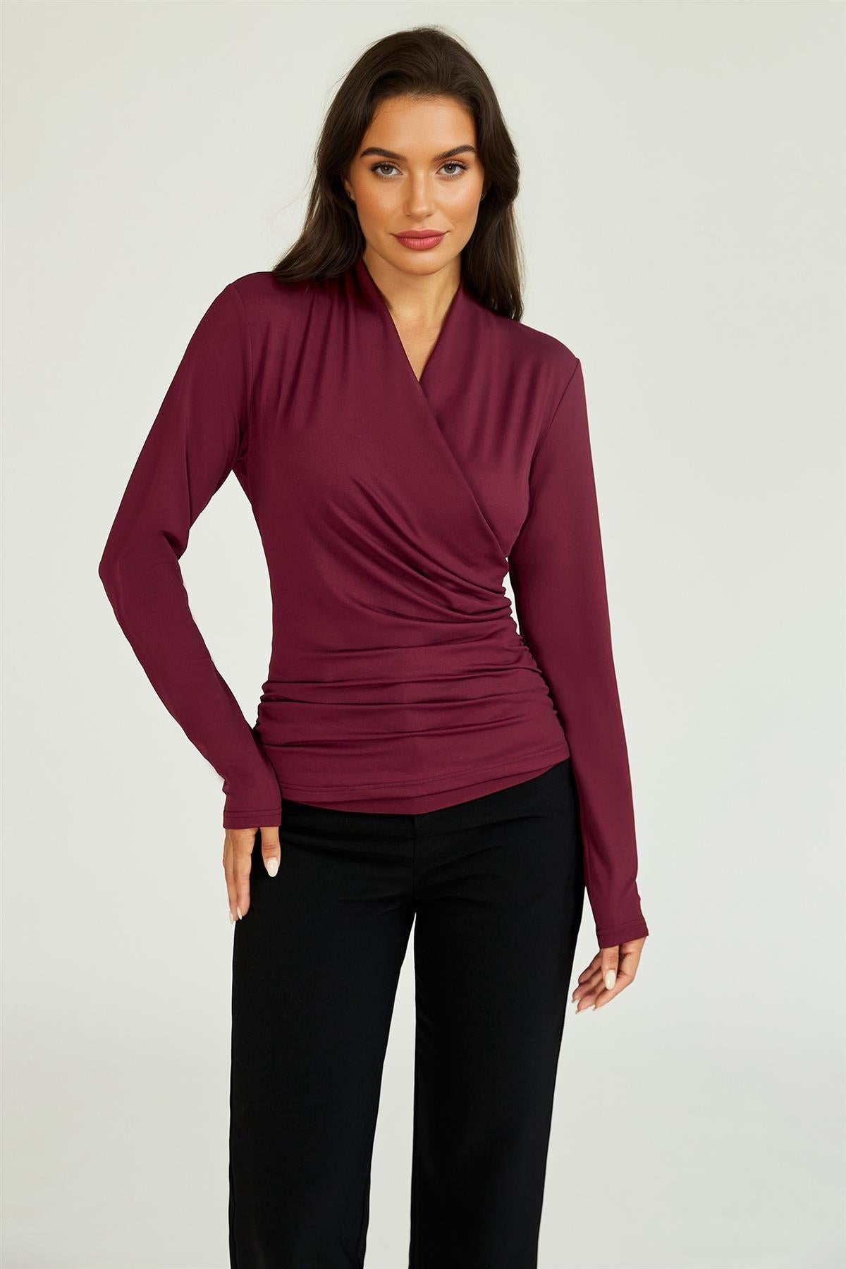 Long Sleeve Wrap Neck Ruched Top In Wine