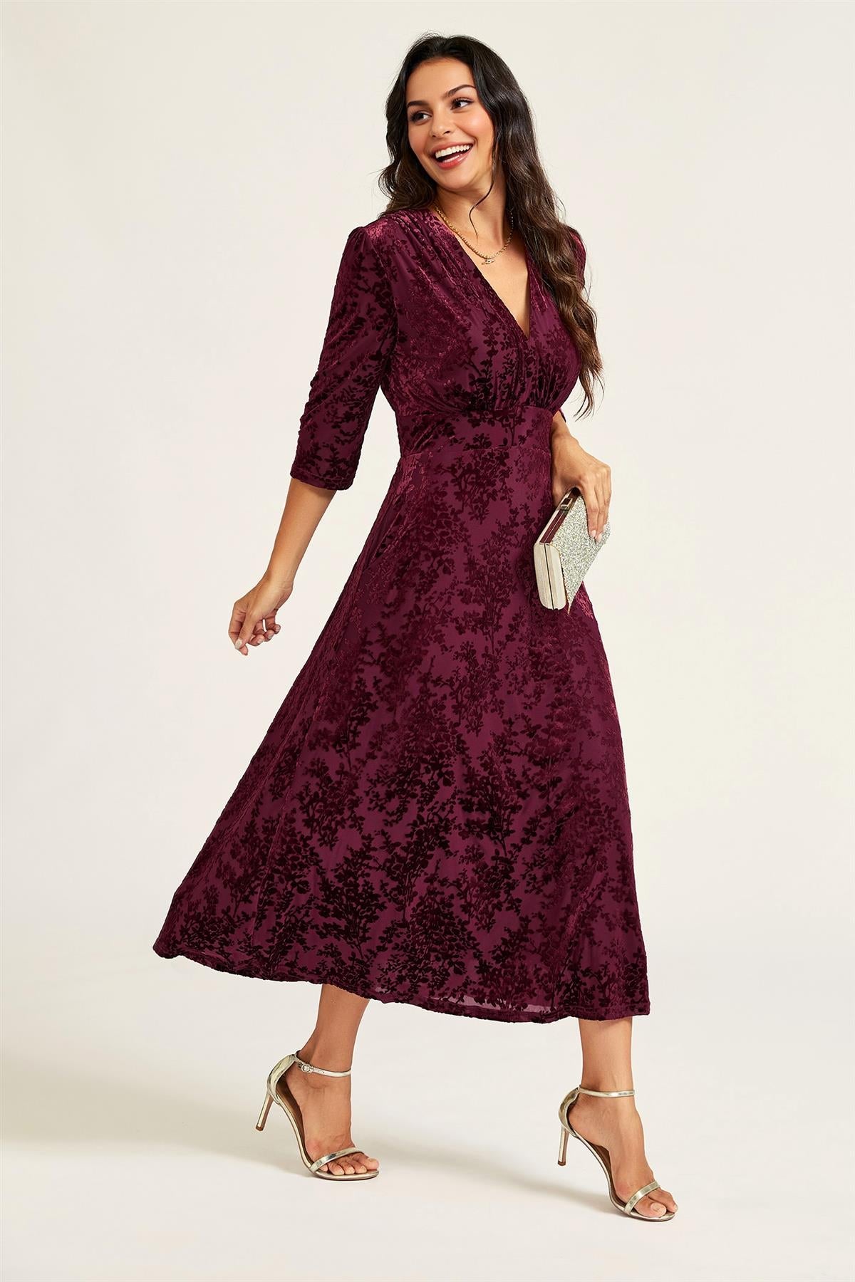 FS Collection Velvet Flock Wrap Neck 3/4 Sleeve Midi Dress In Wine
