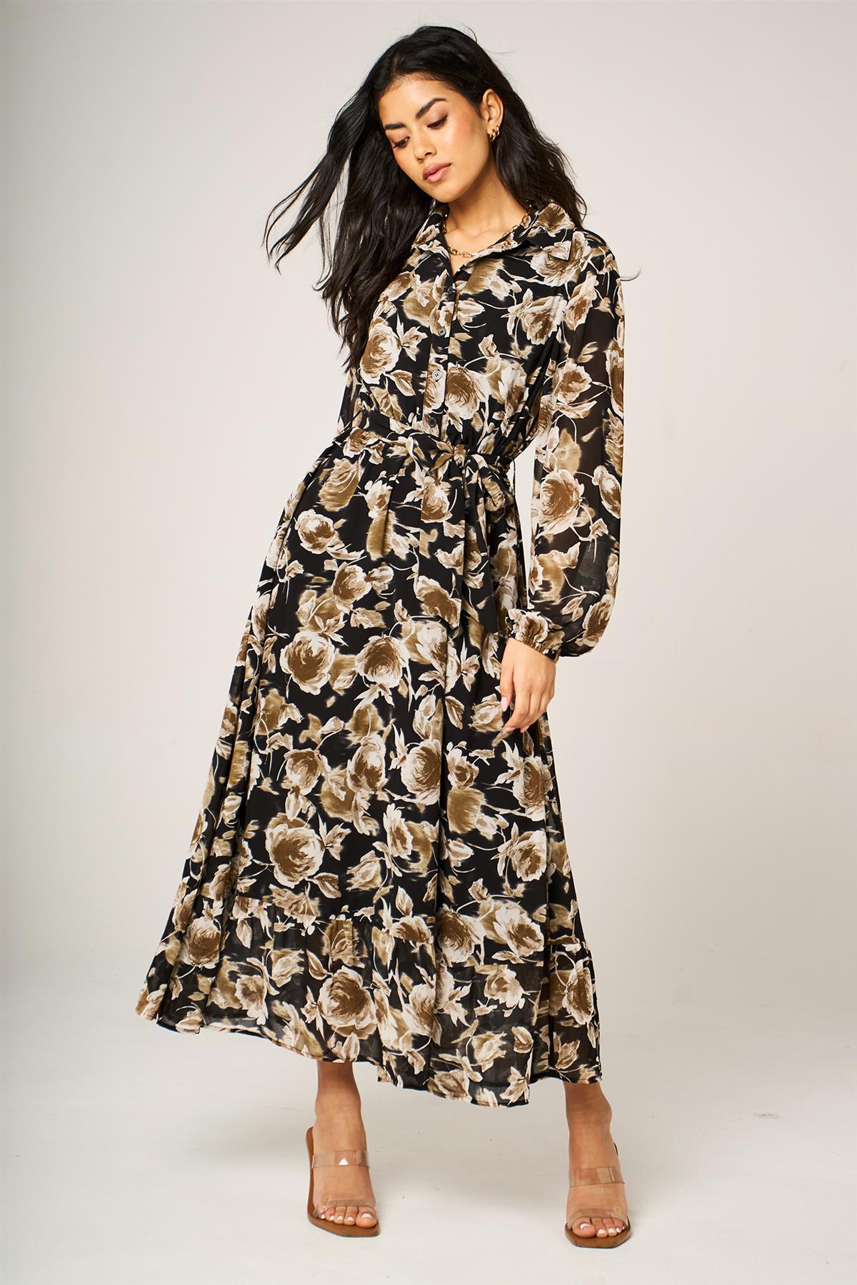 Brown Floral Print Shirt Midi Dress In Black