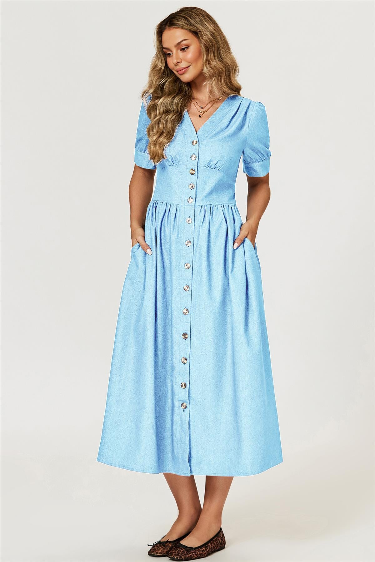 FS Collection Puff Sleeve Button Down Denim Midi Dress In Light Blue