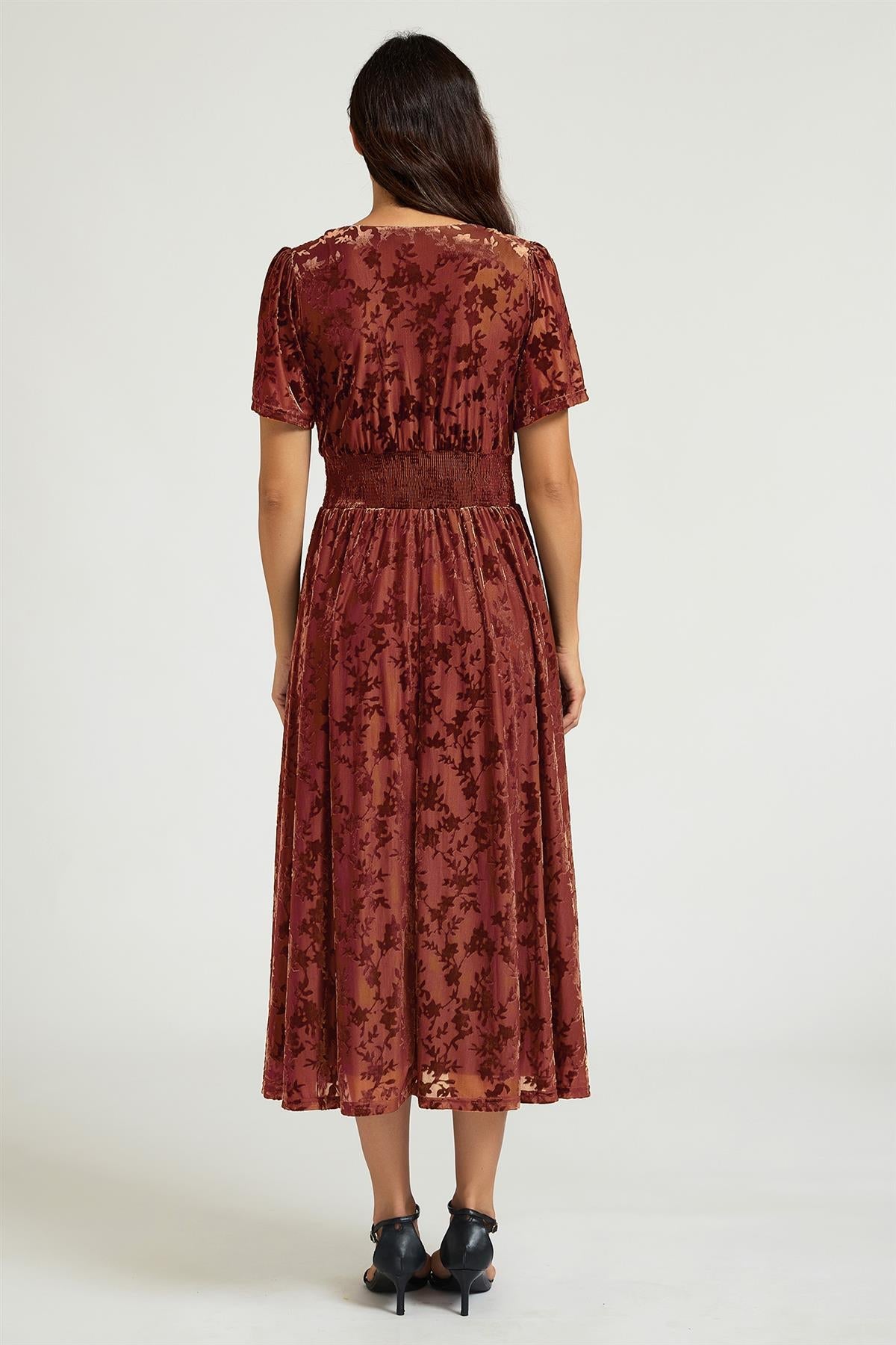 FS Collection Velvet Burnout V-Neck Angel Sleeve Midi Dress
