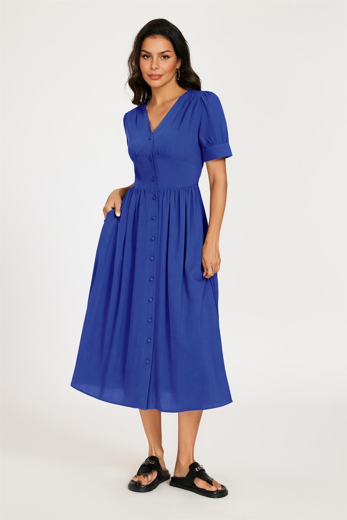 FS Collection Button Front Short Sleeve Midi Dress In Blue