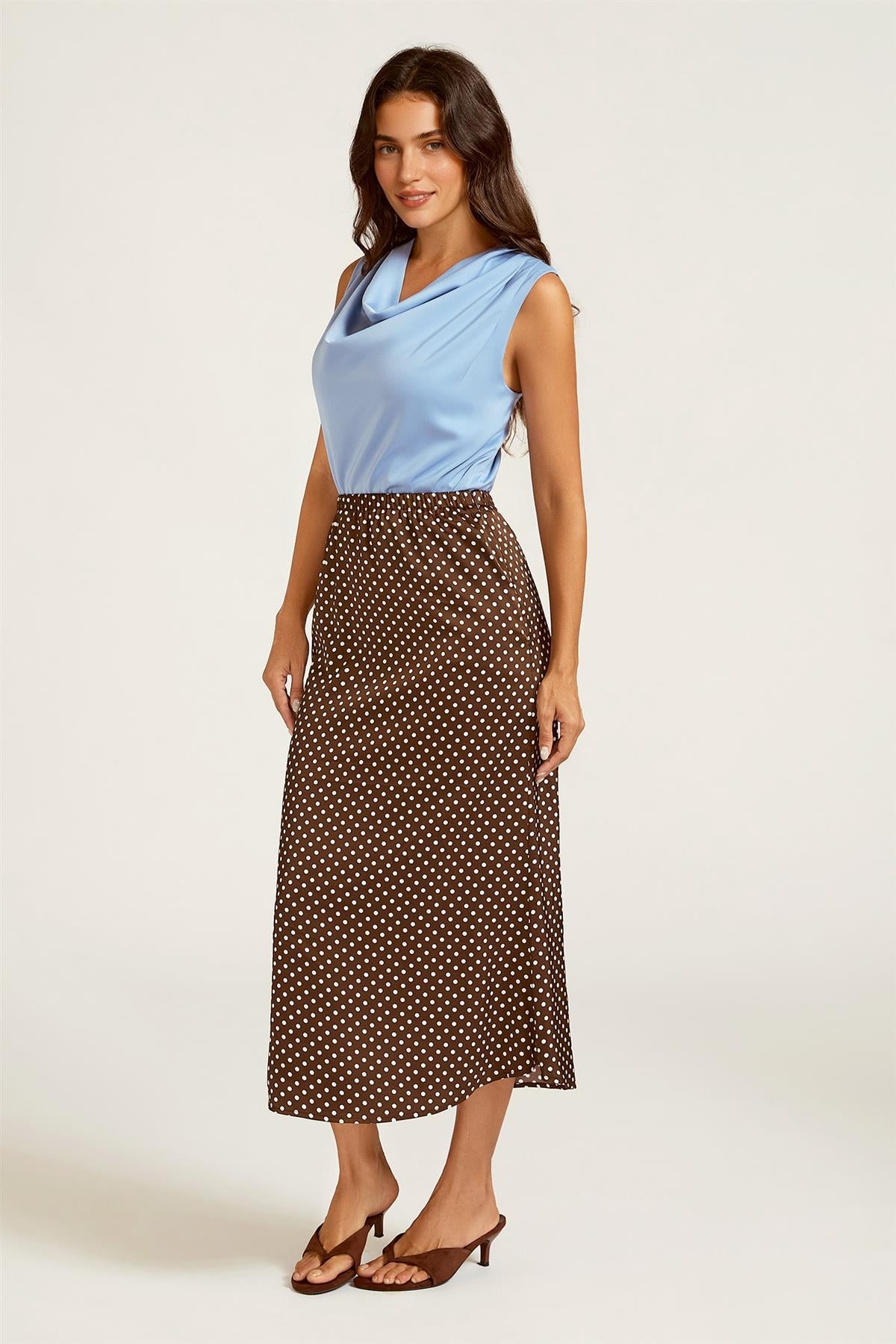 Polka Dot Print Satin Midi Skirt In Brown
