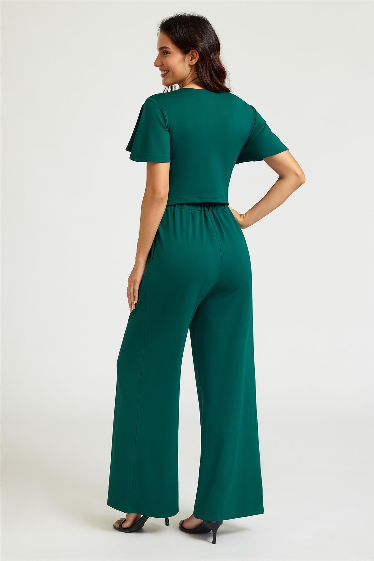 FS Collection V-Neck Ruched Waist Jumpsuit In Green