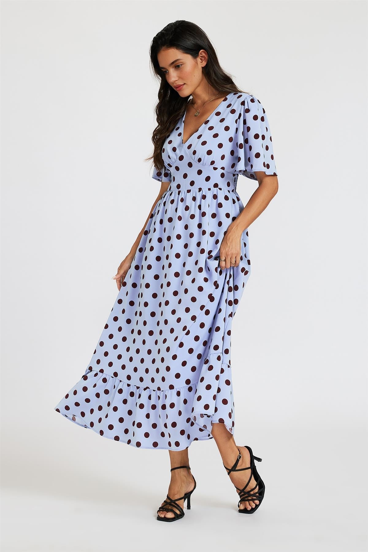 FS Collection Polka Dot Print Angel Sleeve V Neck Frill Hem Midi Dress In Blue